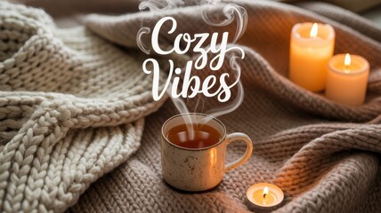 Cozy vibes with steaming tea knit blanket and glowing candles warm autumn hygge background for relaxation and comfort