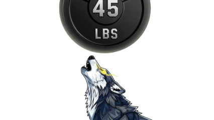 Stylized wolf howling at a 45 pound weight plate on black background animal wild