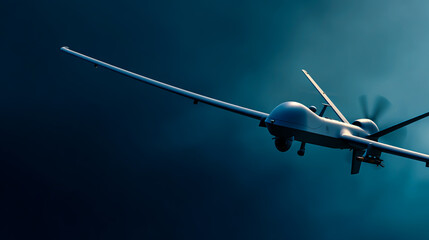 Photograph of a military drone in flight, isolated on a blue background, side view