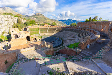 The famous greek Theater of Taormina (Sicily, Italy) at sunrise in the early morning hours