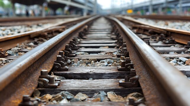 Perspective shot of weathered railroad tracks receding into the blurred distance with a train station