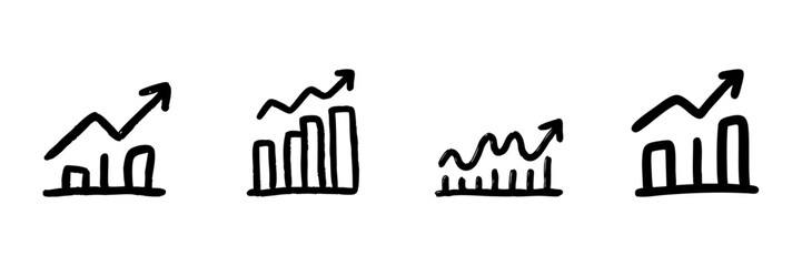 Fototapeta premium Rising Bar Graphs With Arrows Line Icon Set In Doodle Style. Business Growth, Financial Success, And Market Trends Outline Sketch Collection. Hand Drawn Isolated Vector Illustration