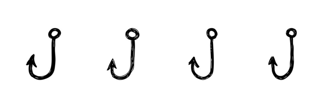 Fishing Hook Line Icon Set In Doodle Style. Angling Equipment, Fishing Gear, And Outdoor Recreation Outline Sketch Collection. Hand Drawn Isolated Vector Illustration