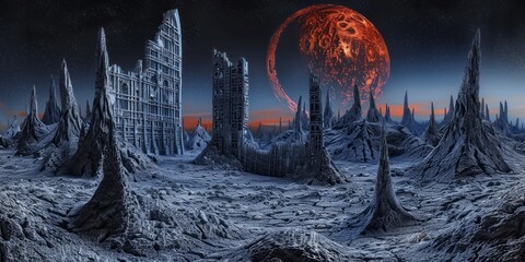 Science fiction background with alien planet abandoned architecture fantasy dystopia landscape.