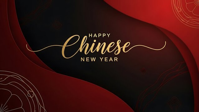 Happy Chinese New Year celebration background with elegant red and black waves and traditional golden patterns, a festive greeting design