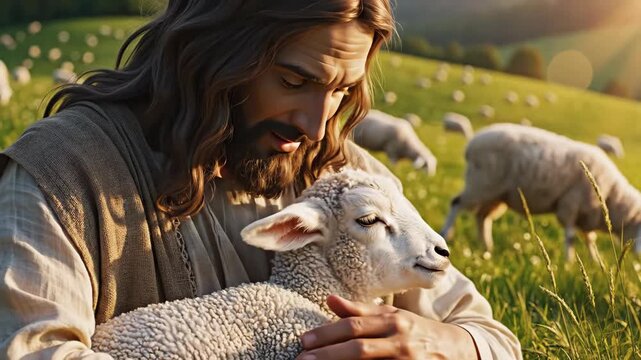 Jesus Christ, the shepherd, gently strokes and embraces a baby lamb in a sunlit field, representing divine care and spiritual guidance for religious themes.