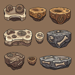 Collection of ancient fossils embedded in stone and rock formations. © Paylopi