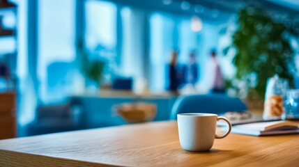 White coffee cup sits on a wooden table in a room with a view of the outside. The room is filled with plants