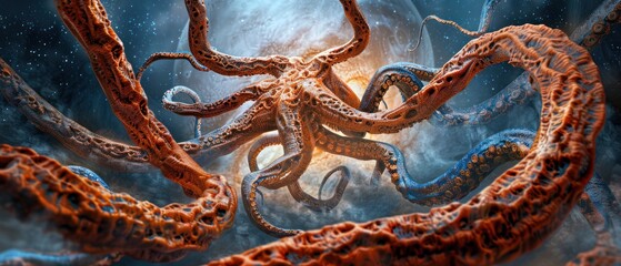 Alien planet life orange blue Kraken arms science fiction wallpaper.