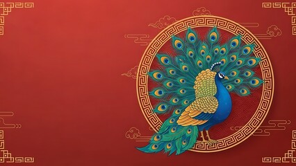 A beautiful peacock displaying its vibrant feathers, symbolizing good fortune and prosperity for a happy Chinese New Year celebration, surrounded by traditional decorative elements