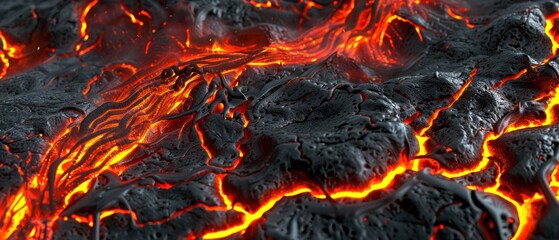 Black rock with fiery magma cracks texture, hot fire and burning lava on basalt rock burning surface.