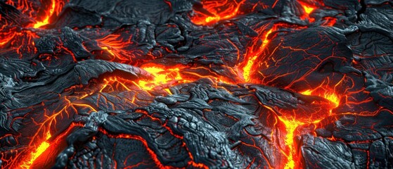 Black rock with fiery magma cracks texture, hot fire and burning lava on basalt rock burning surface.