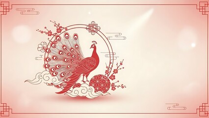 Vibrant red peacock illustration celebrating a happy Chinese New Year, adorned with traditional plum blossoms, auspicious clouds, and ornate cultural patterns, perfect for festive greetings and Asian-