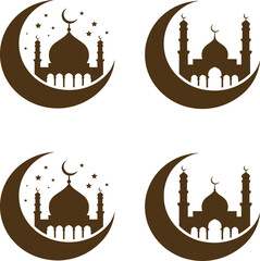 Islamic crescent moon and mosque silhouettes in brown