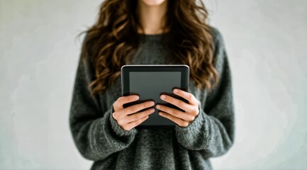 Woman is holding a tablet in her hand. She is wearing a gray sweater and has long hair