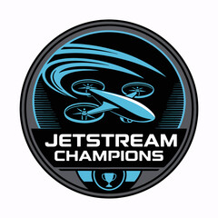 Jetstream Champions circular logo with swooshing jet and quadcopter, aerial racing emblem, neon tech vector for clubs, streams and competitions