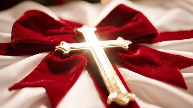 Golden ornate cross on white fabric with red velvet ribbon, christian symbol of faith and hope.