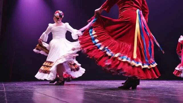 Two women in traditional flamenco dresses dancing on stage with purple lighting effects