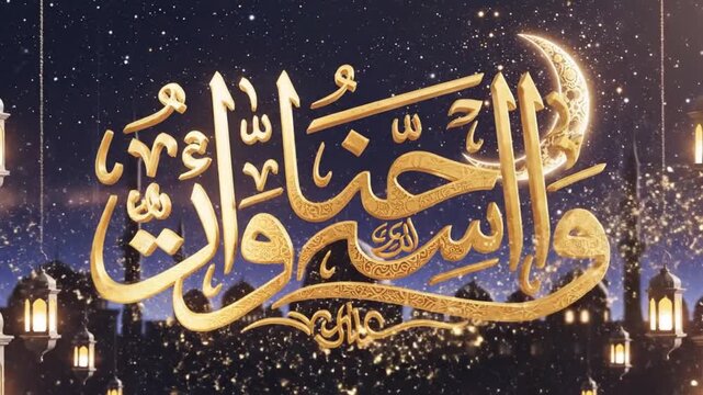 Golden Arabic calligraphy with a crescent moon over silhouetted mosque buildings under a starry night sky with glowing lanterns