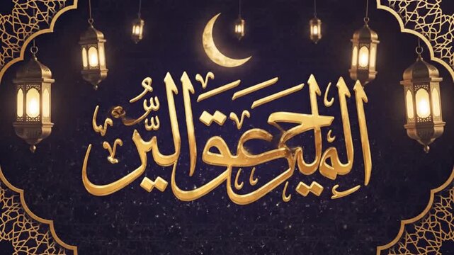 Golden Arabic calligraphy with glowing lanterns a crescent moon and starry dark background with gold patterns