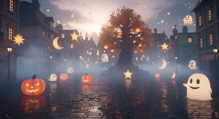Halloween decorations in mystical foggy street with glowing pumpkins and ghost in soft moonlight for holiday greeting card