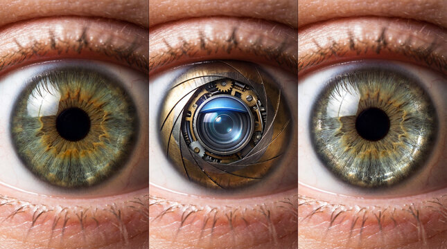 Close up green eye with mechanical camera iris fusion creating surreal macro portrait of human eye with lens detail