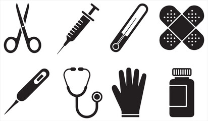 Obraz premium Healthcare tools black silhouette vector set for hospital clinic and first aid themes