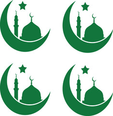 Islamic crescent moon and star symbols with mosque silhouette