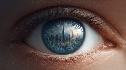 Naklejka premium Detailed Concept of an Eye with a City Reflection Captured in a Unique Perspective, Showcasing Surreal Beauty and Depth in Visual Art