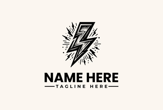 A black and white illustration of a lightning bolt logo with a tagline and customizable text on a beige background, showcasing a vector graphic design element. - Powered by Adobe