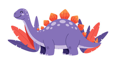 Fototapeta premium Cute purple cartoon dinosaur with orange plates standing among tropical jungle leaves in a colorful and friendly illustration.
