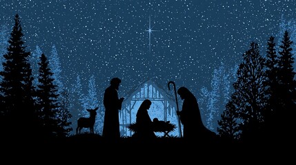 Silhouette image of Nativity scene under a starry night. Holy family with star, barn, and trees