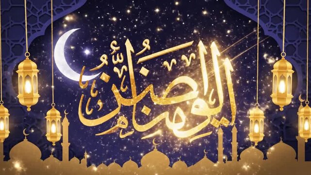 Golden Arabic script and crescent moon over a starry sky with lanterns and mosque silhouettes