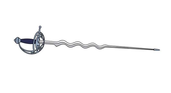 Detailed illustration of a historical flamberge rapier sword with a distinctive wavy blade and an intricate basket hilt design.