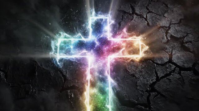 Bright rainbow color cross appears on cracked ground with light rays. Abstract light effect for religious worship, church service, or Christian event.