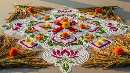 Traditional Pongal Kolam Design with Marigolds and Harvested Paddy Stalks