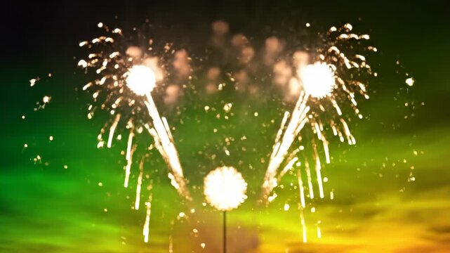 Fireworks exploding in night sky with green and yellow colors and light post