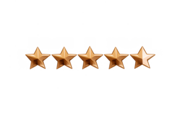 Five gold stars representing top customer review, product quality, service rating and excellence feedback on transparent background