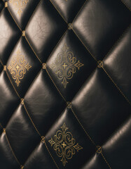 Obraz premium Close-up of Luxurious Diamond-Patterned Upholstery with Ornate Gold Detailing and Stitching