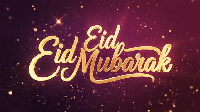 Golden cursive text Eid Mubarak on a dark shimmering background with sparkling golden particles