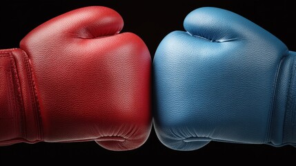 Vibrant Red and Blue Boxing Gloves in a Close-Up Clash, Symbolizing Intense Competition and Athletic Spirit in the Ring