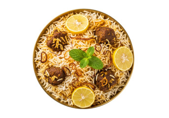 indian kofta rice platter with lemon garnish top view