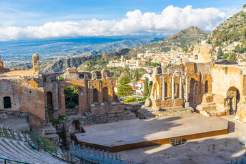 The famous greek Theater of Taormina (Sicily, Italy) at sunrise in the early morning hours