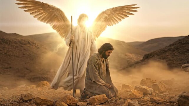 A man receiving comfort from a male angel with bright wings in a desert rocky landscape, a religious biblical scene.