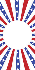 United States flag background. American banner template. Radial strip and star red, blue, and white