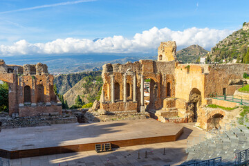 The famous greek Theater of Taormina (Sicily, Italy) at sunrise in the early morning hours