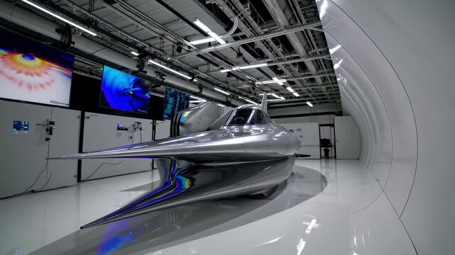 Silver prototype aircraft in windtunnel testing, sleek reflective fuselage inside white chrome test bay, large monitors displaying flow simulation, aerodynamic nose and winglets, polished surfaces