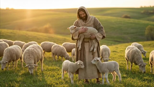 Man dressed in ancient robe holding lamb in field with grazing sheep surrounded by sunset light. Jesus Christ parable concept.