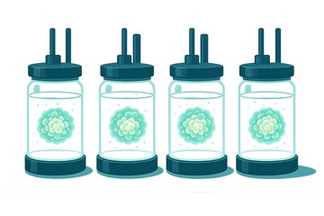 Futuristic laboratory illustration with four glass bioreactor jars containing glowing cell clusters