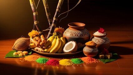 Traditional Harvest Offerings: Sugarcane, Turmeric, Fruits, and Ritual Clay Pots